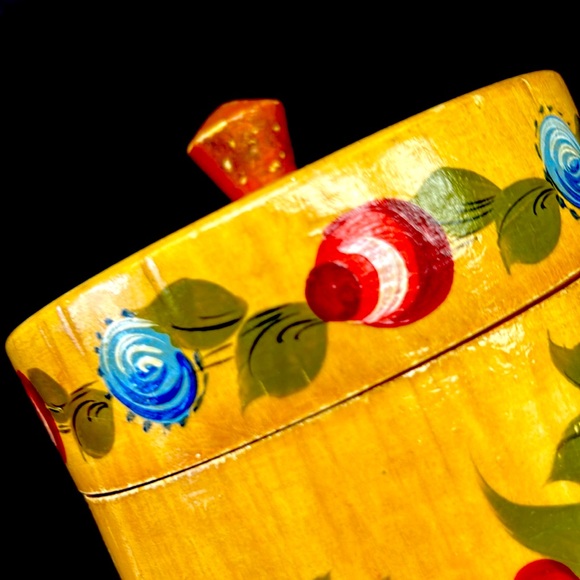 - Vintage 6” Russian  wood canister with handpainted floral design - Picture 8 of 8